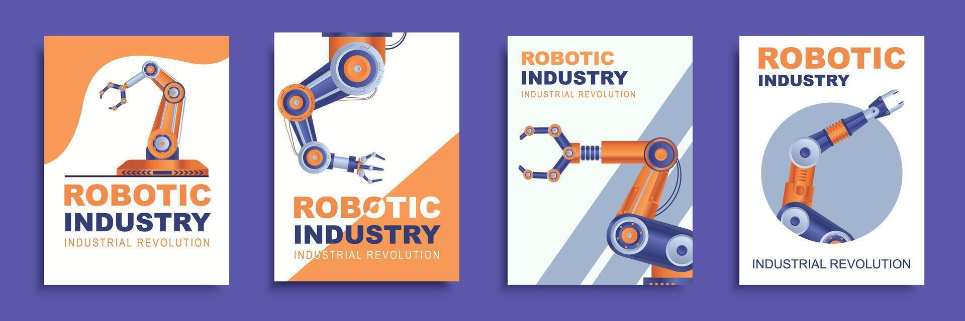 Robotic industry cover brochure set in flat design. Poster templates with automatic manufacture robotic arms for industrial process and manufacturing processes at modern factory. Vector illustration