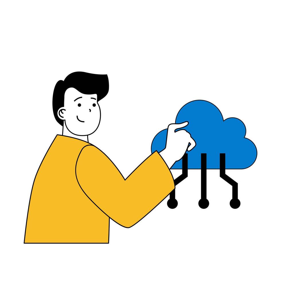 Cloud computing concept with cartoon people in flat design for web. Man using cloud storage platform and sharing access links. Vector illustration for social media banner, marketing material.