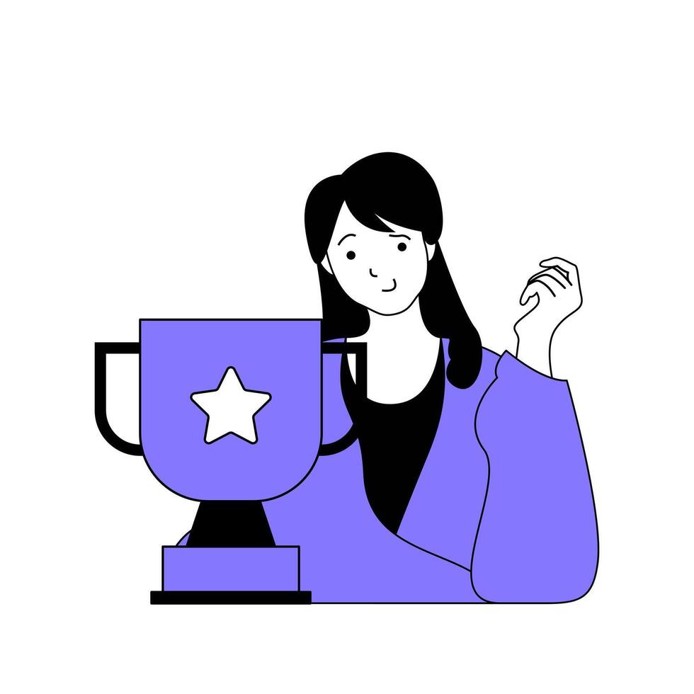 trabajo en equipo concepto con dibujos animados personas en plano diseño para web. mujer con trofeo taza lograr carrera metas y consiguiendo trabajo éxito. vector ilustración para social medios de comunicación bandera, márketing material.