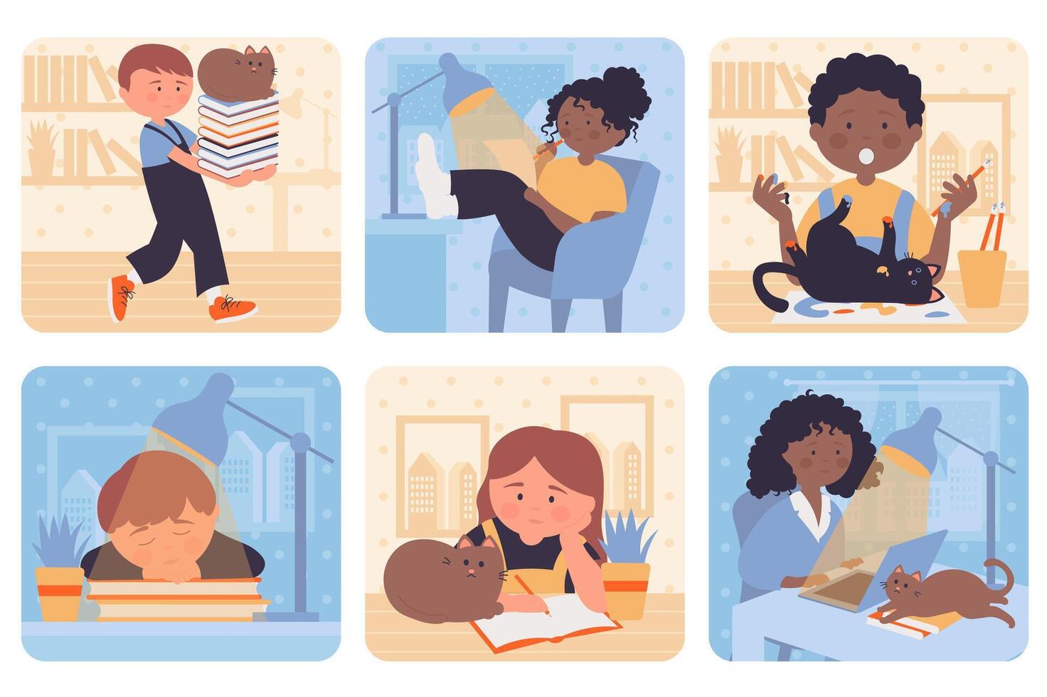 Homework concept with people situation set in flat web design. Bundle scenes with multiethnic diverse characters of kids reading or writing near naughty cat distraction at home. Vector illustrations.