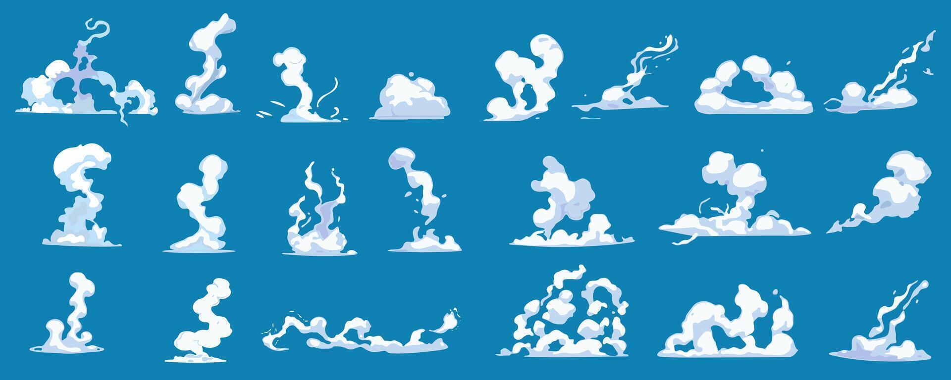 Steam clouds mega set in cartoon graphic design. Bundle elements of white smoke motions with fluffy trails, cloudy vapour shape and wind speed comic effects. Vector illustration isolated objects