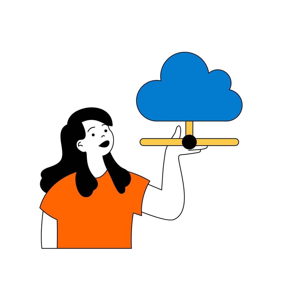 Cloud computing concept with cartoon people in flat design for web. Woman using cloud storage technology and internet hosting service. Vector illustration for social media banner, marketing material.