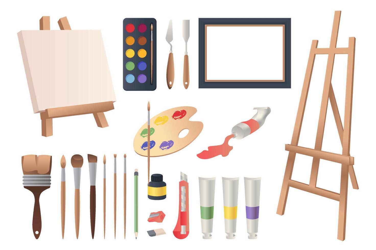 Art tools mega set in flat design. Bundle elements of painting canvas, watercolor or acrylic paints, spatulas, easel, palette, brushes, pencils and other. Vector illustration isolated graphic objects