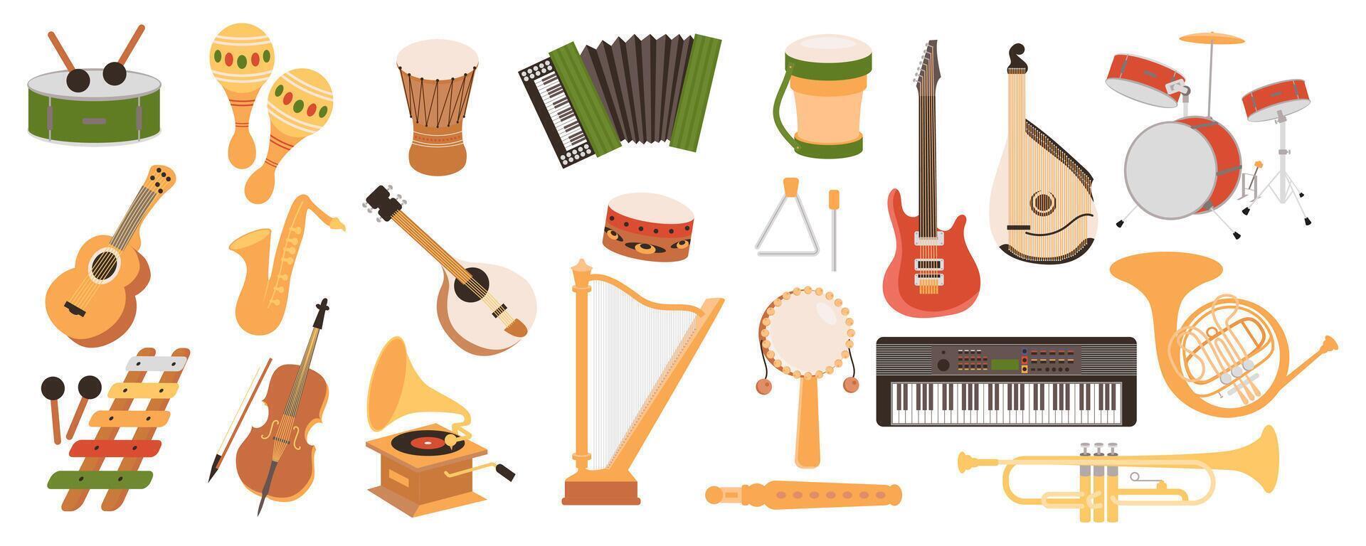 Musical instruments mega set in cartoon graphic design. Bundle elements of drum, maracas, banjo, accordion, guitar, bandura, saxophone, piano, violin and other. Vector illustration isolated objects