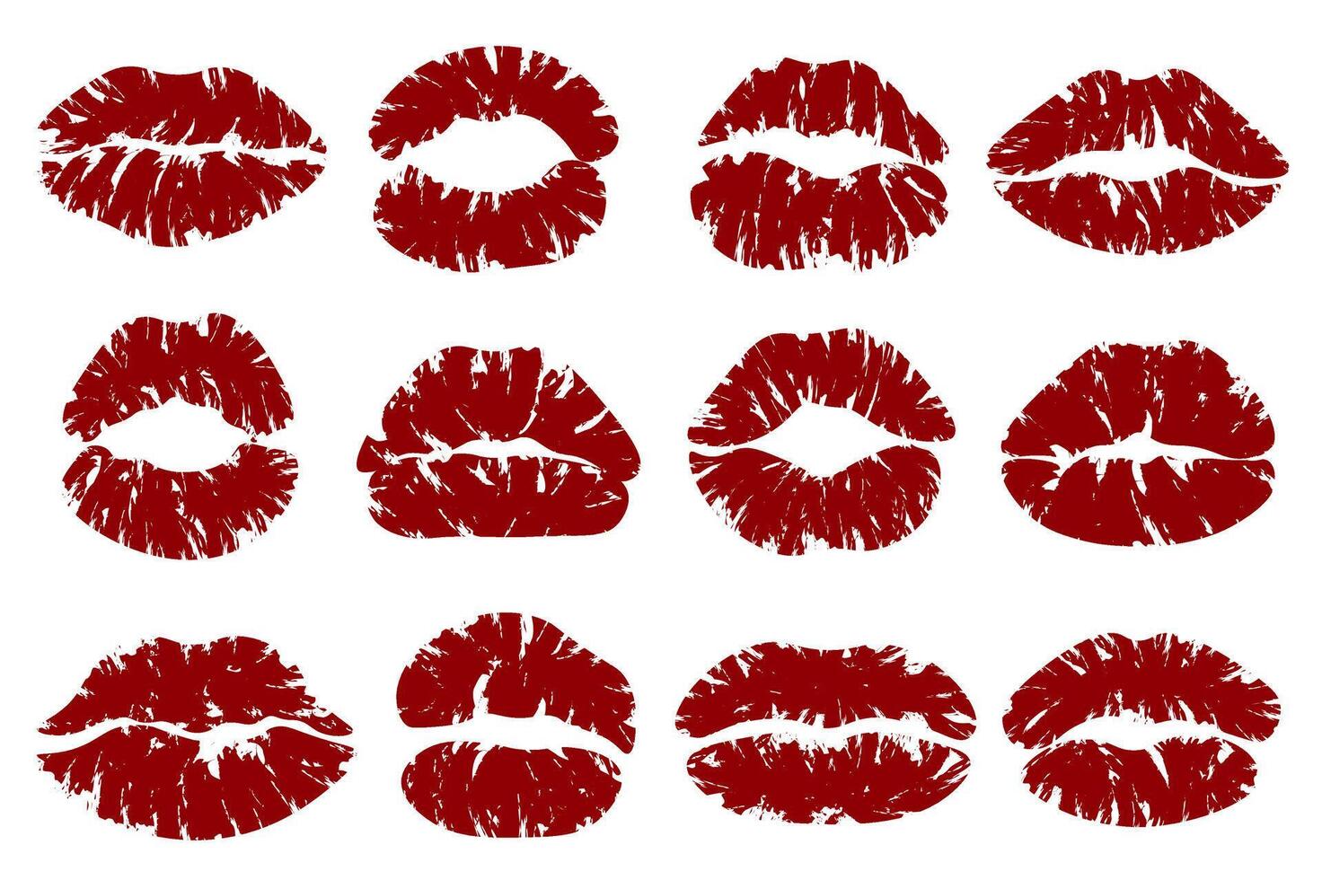 Kiss lips prints mega set in flat design. Bundle elements of red female lipstick shapes and mouth silhouettes with grunge brush texture for romantic decor. Vector illustration isolated graphic objects