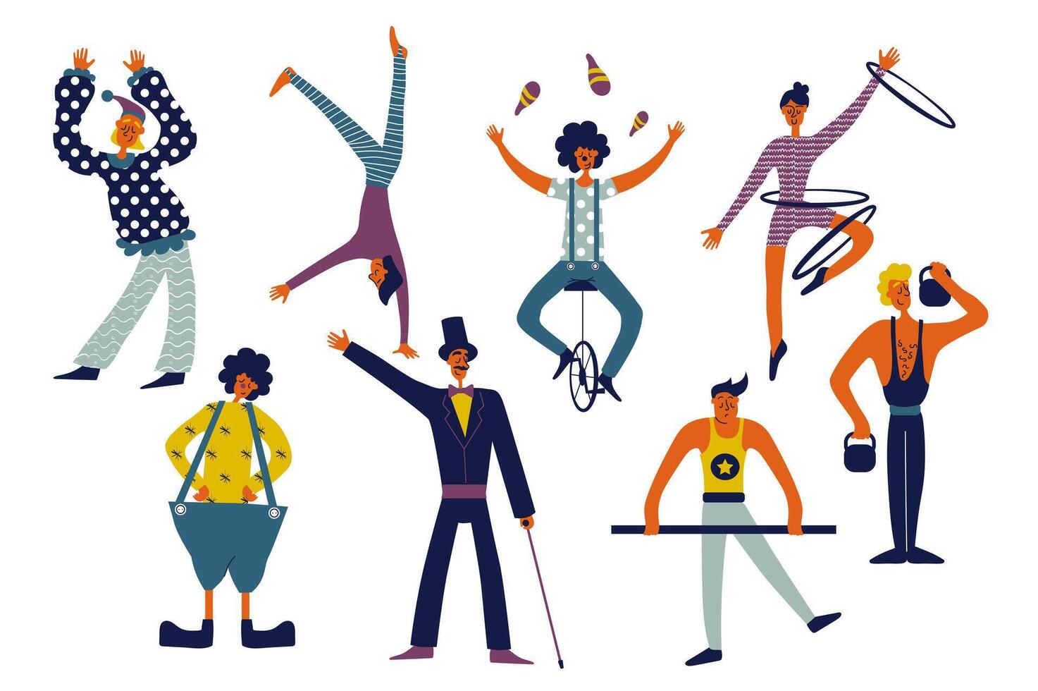 Circus performers people set in flat character design for web. Bundle persons of artist clowns, different acrobats and jugglers, female gymnast, comedians and illusionists. Vector illustration.