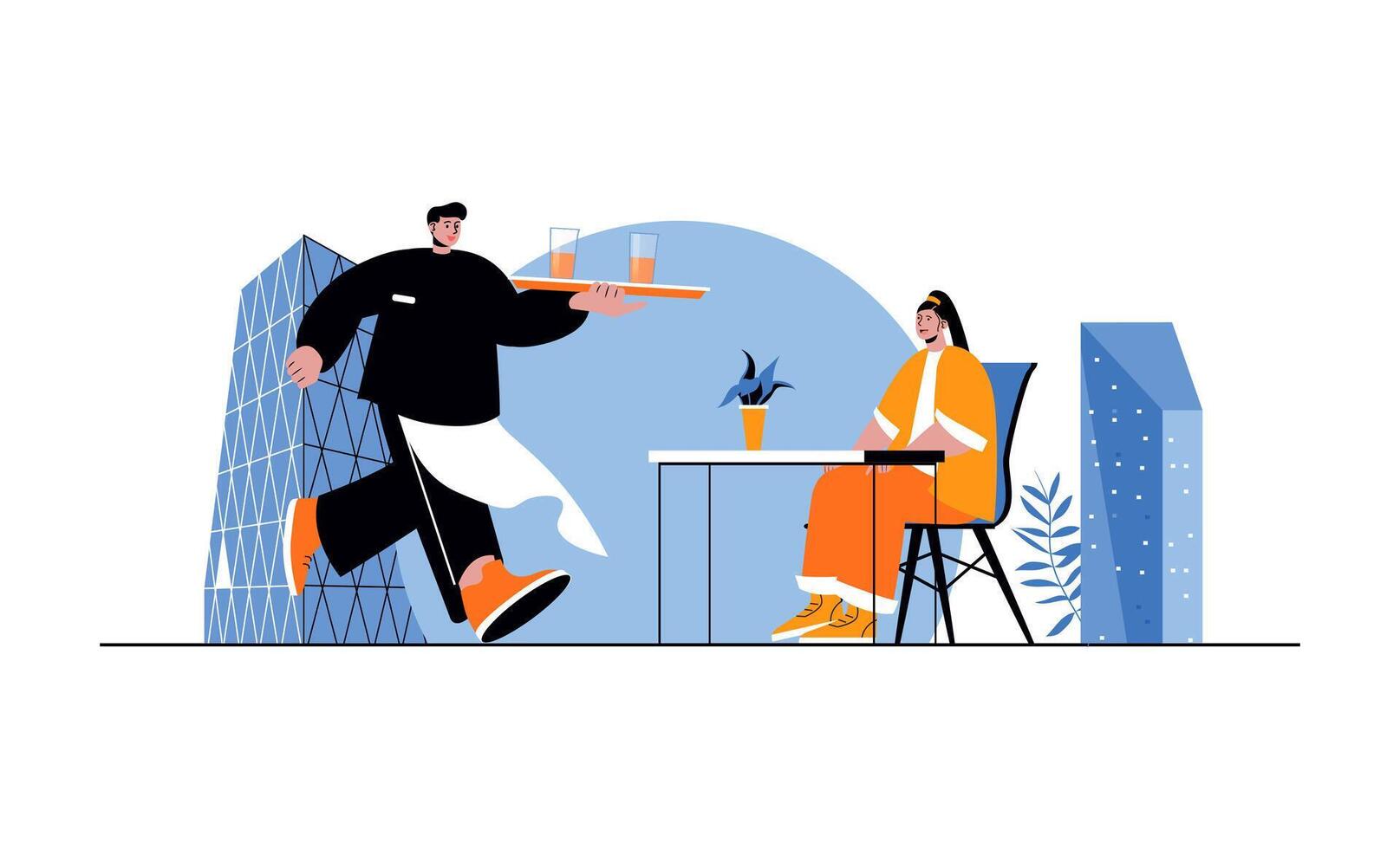 Restaurant web concept with people in flat cartoon design. Waiter carrying tray with drinks to client sitting at table in cafeteria. Vector illustration for social media banner, marketing material.