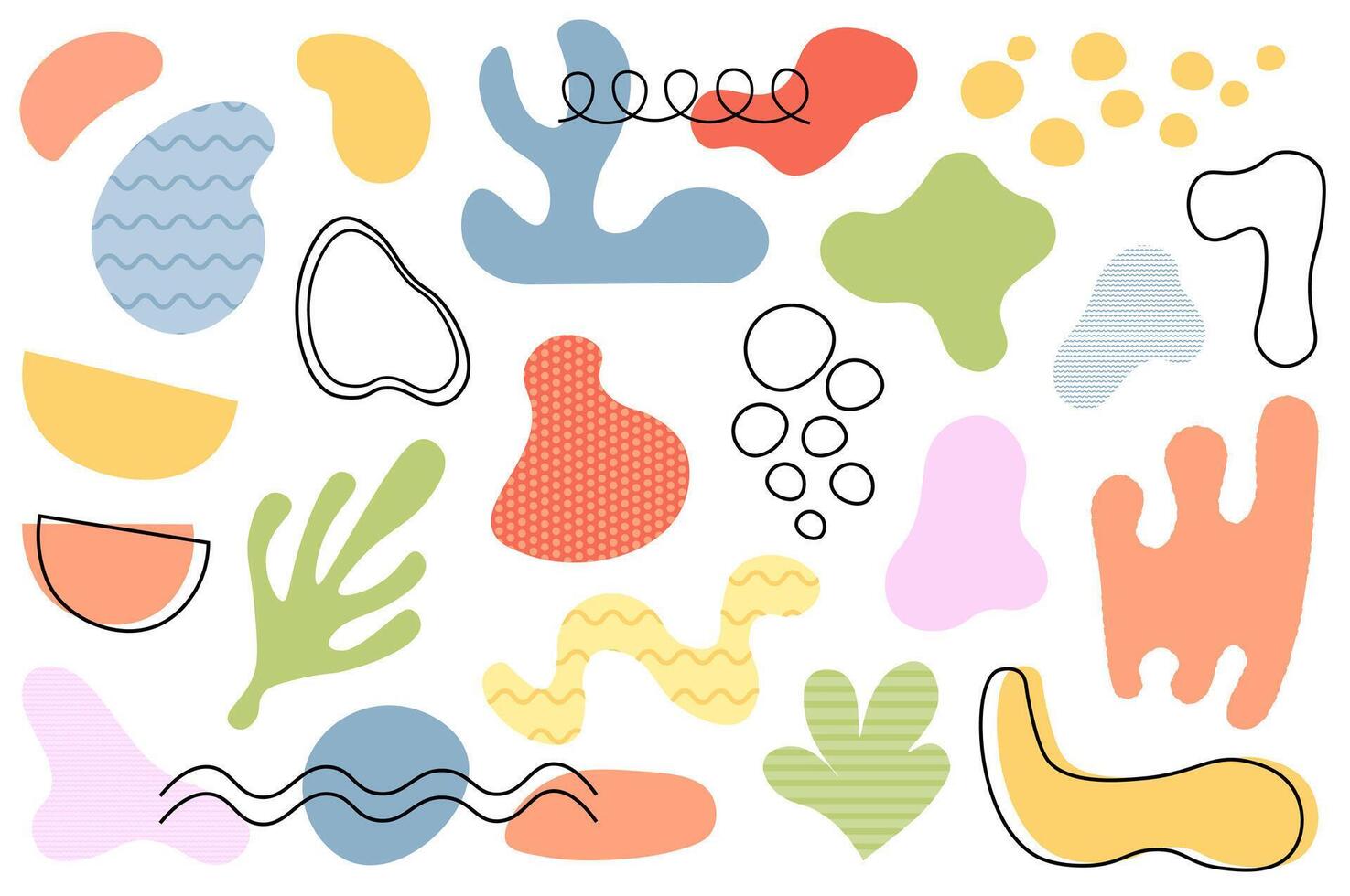 Abstract shapes and bubbles mega set in flat cartoon design. Bundle elements of colorful doodle wavy blobs, irregular decorative blobs with line borders. Vector illustration isolated graphic objects