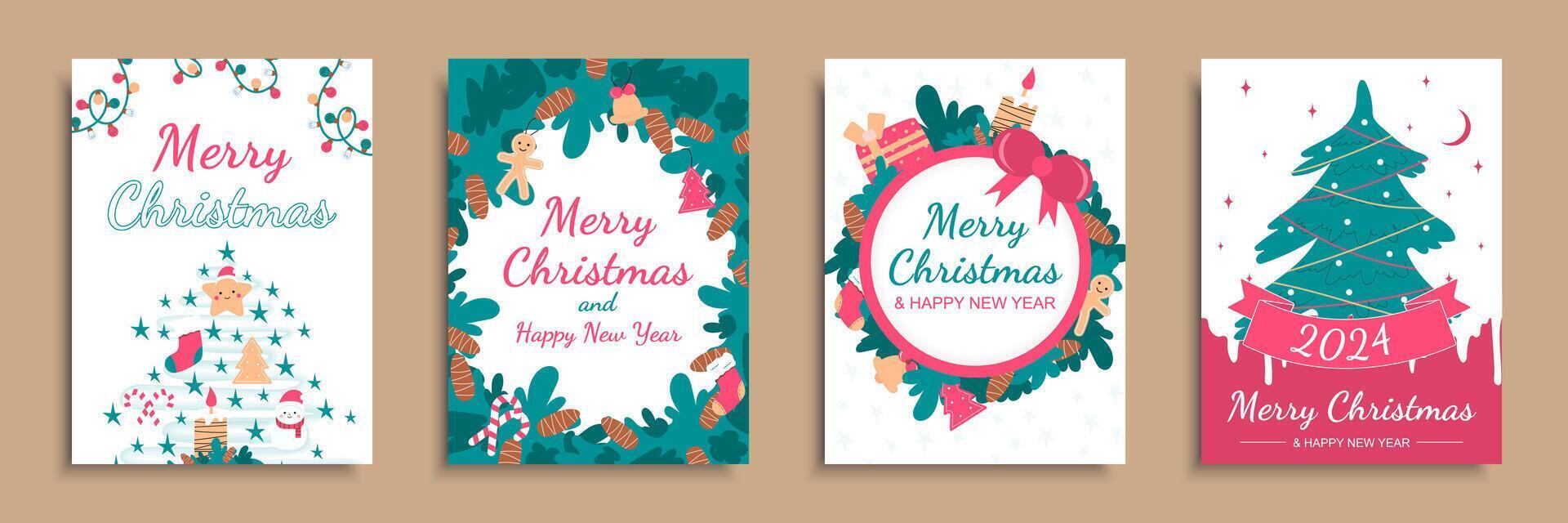 Merry Christmas 2024 cover brochure set in flat design. Poster templates with festive trees with toys, socks and cookies, garland lights, fir wreath with pine cones, other decors. Vector illustration.