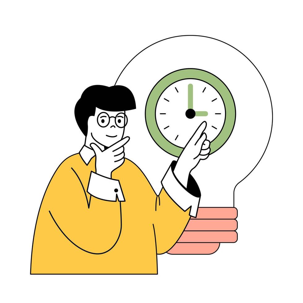 Time management concept with cartoon people in flat design for web. Man works with countdown to deadline and brainstorming solutions. Vector illustration for social media banner, marketing material.