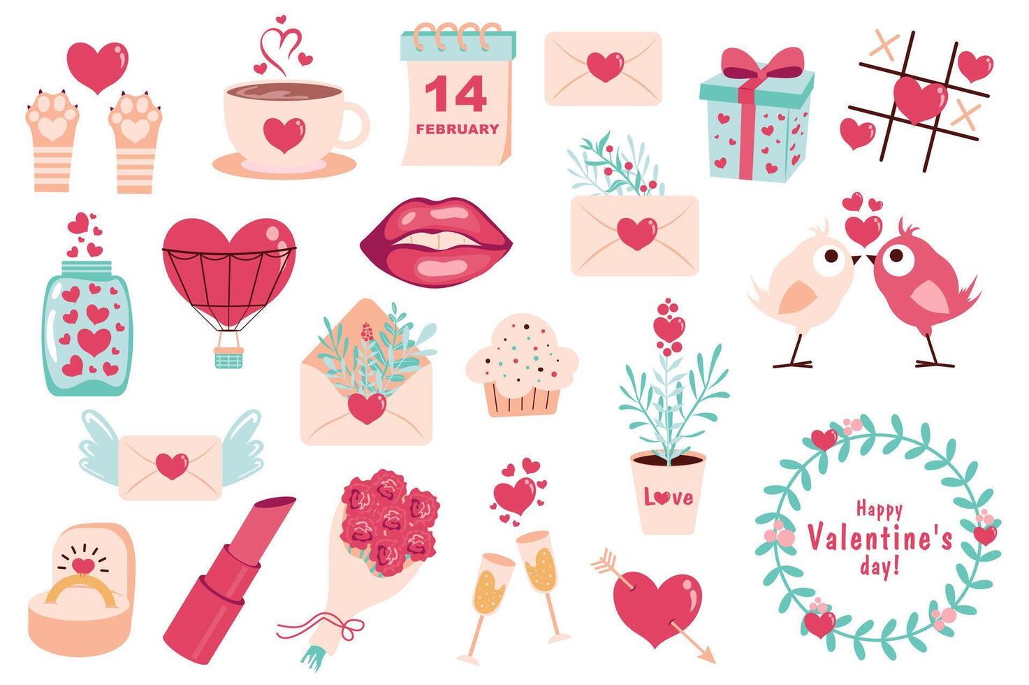 Valentine Day mega set in flat design. Bundle elements of hearts, cat paws, calendar date, love letter, kiss lips, hot air balloon, flowers, ring, other. Vector illustration isolated graphic objects