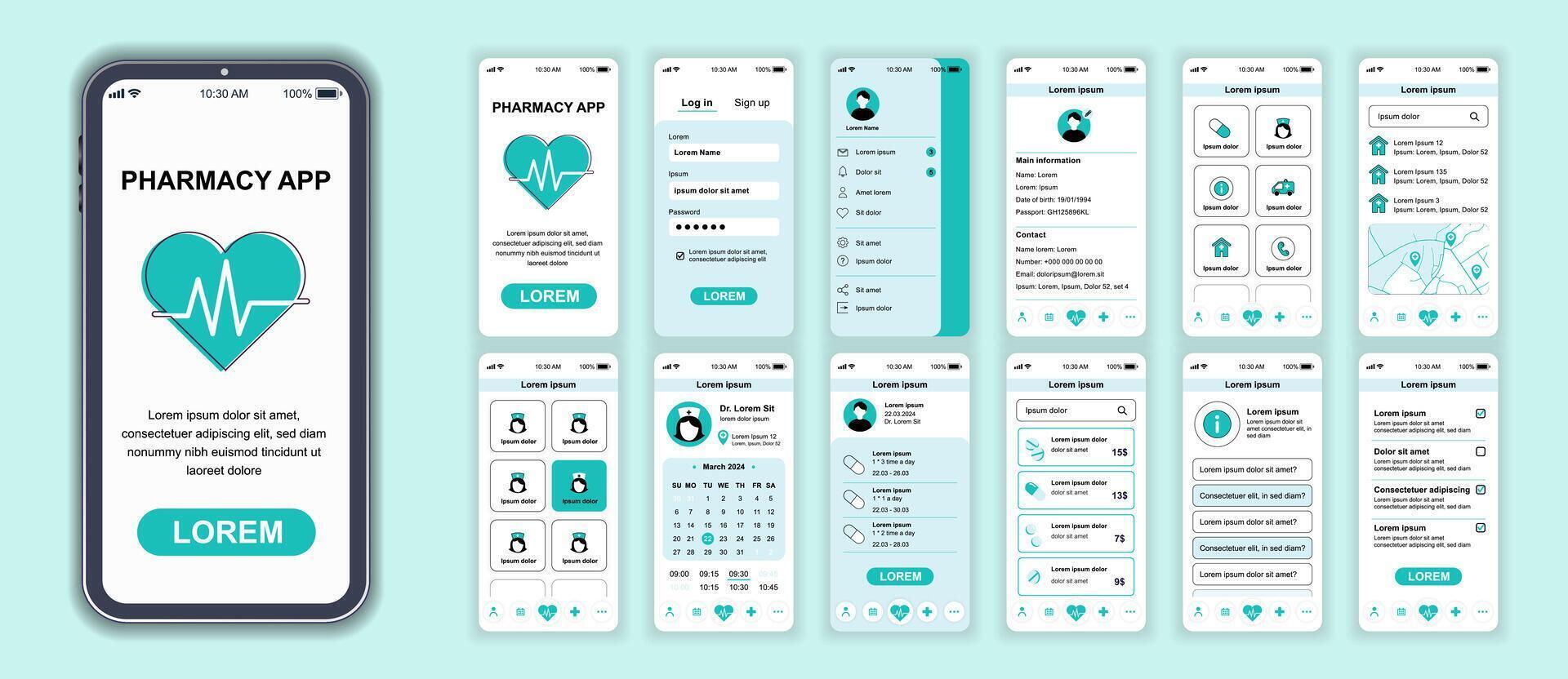 Pharmacy mobile app interface screens template set. Account login, clinic services, visit doctor, calendar, medicines shop ordering. Pack of UI, UX, GUI kit for application web layout. Vector design.