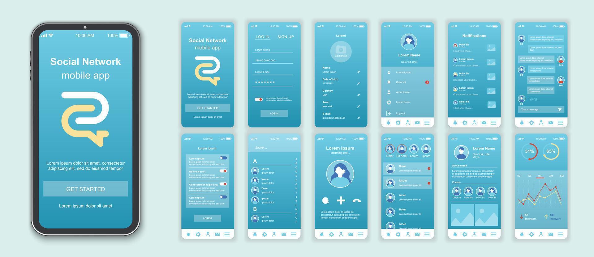 Social network mobile app interface screens template set. Online account, profile info, friends list, chat, settings, statistics. Pack of UI, UX, GUI kit for application web layout. Vector design.