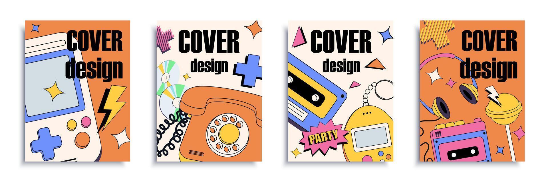 90s retro cover brochure set in flat design. Poster templates with old gamepads, music cassettes and disks, game gadgets, headphones, lollipops, nostalgia items and elements. Vector illustration.