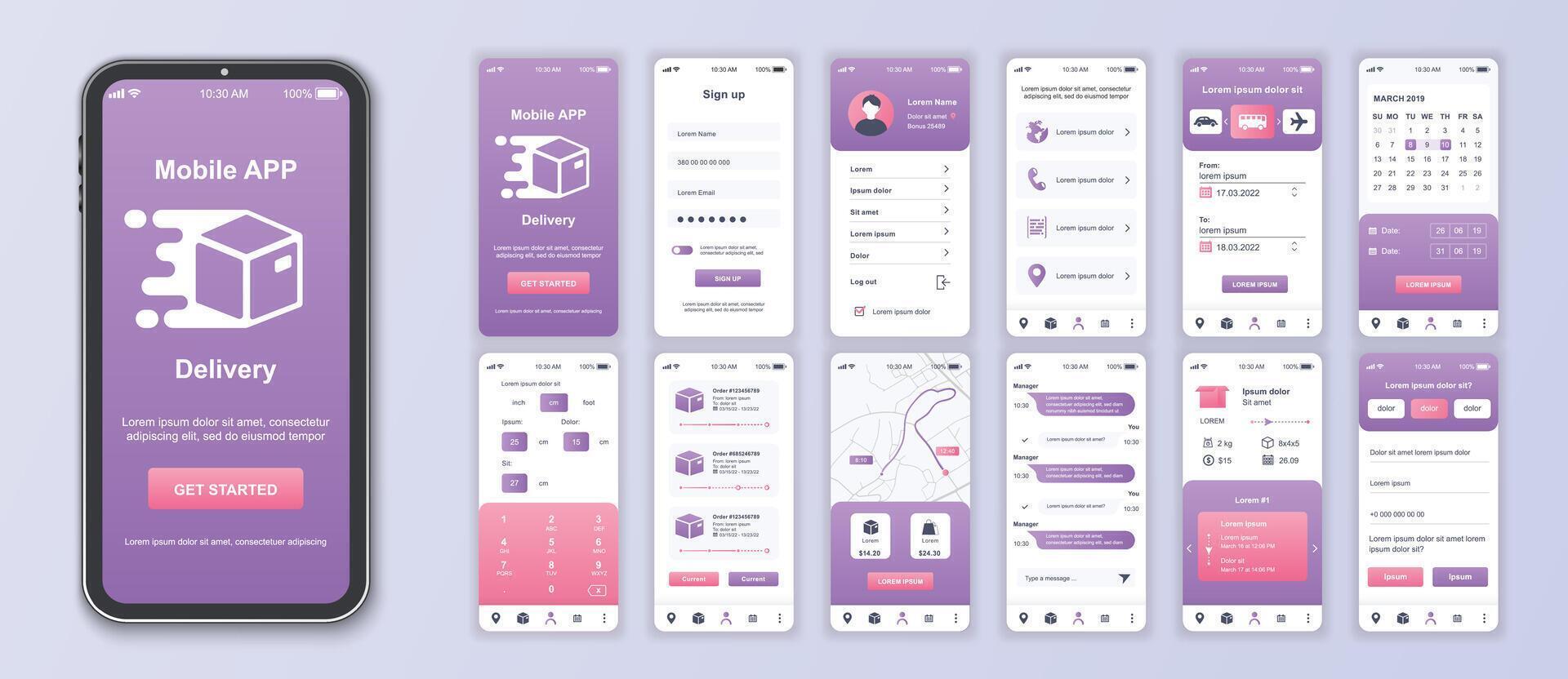 Delivery mobile app interface screens template set. Online account, logistic service, calendar, parcel calculate, tracking order. Pack of UI, UX, GUI kit for application web layout. Vector design.