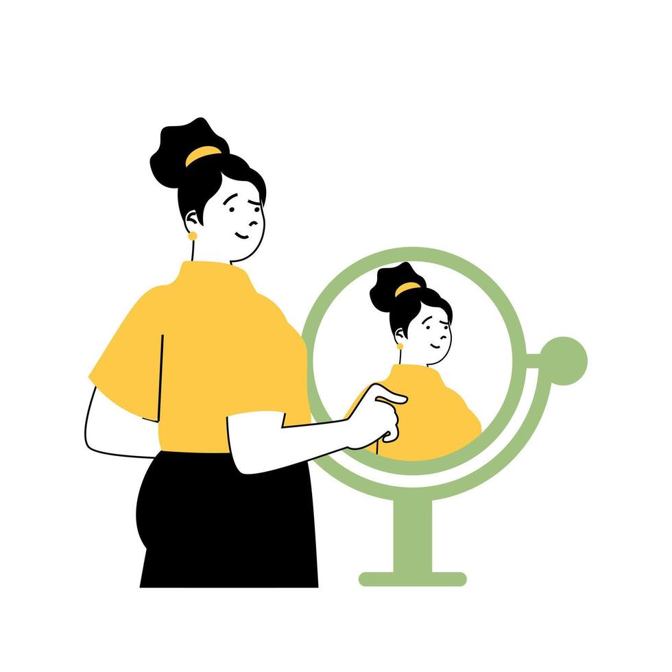 Beauty salon concept with cartoon people in flat design for web. Woman getting hairstyle and stylish makeover and looking in mirror. Vector illustration for social media banner, marketing material.