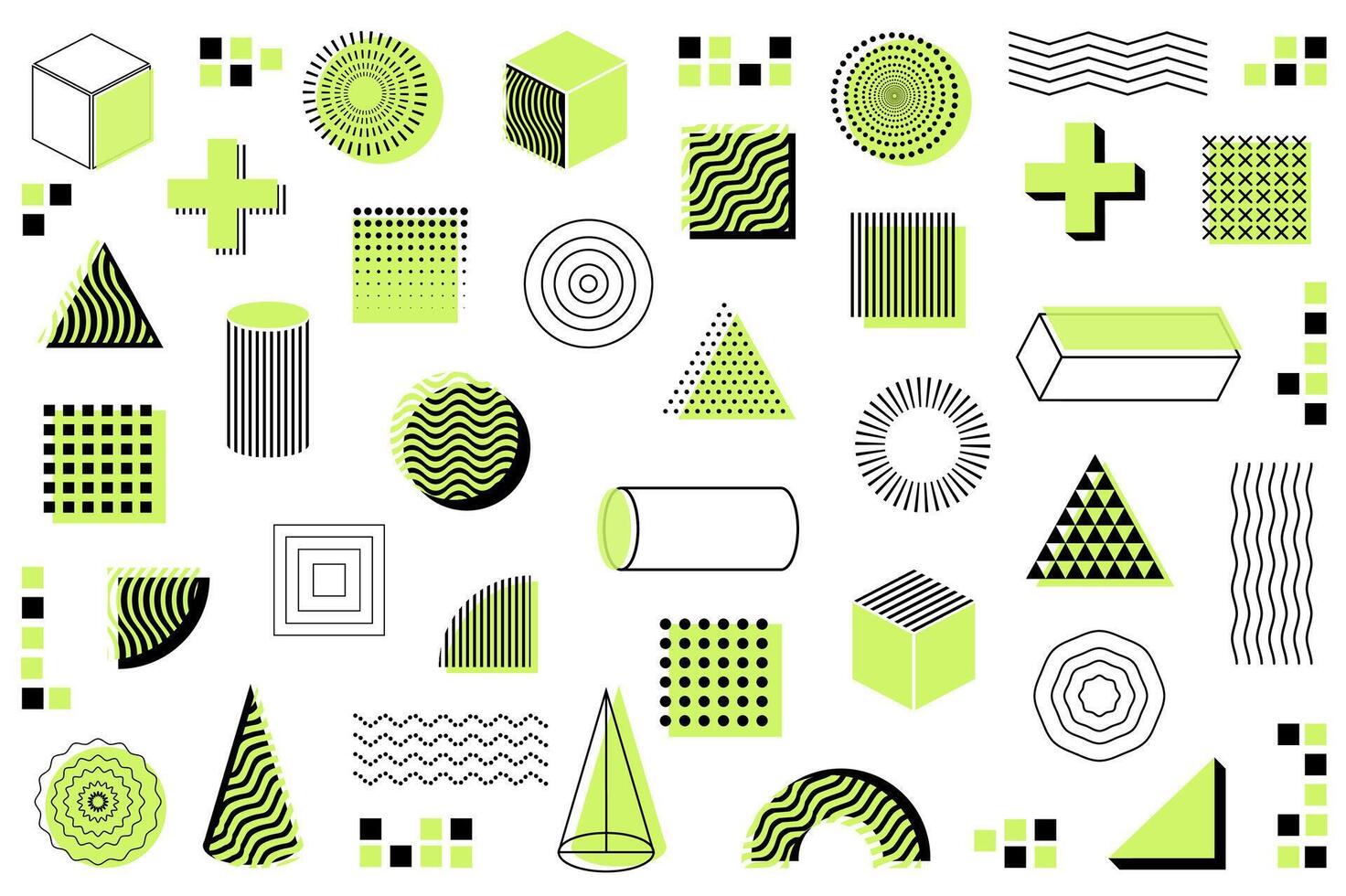 Geometric shapes mega set in flat cartoon design. Bundle elements of halftone Memphis style of cubes, circles, cross, square, triangle, cylinder, other. Vector illustration isolated graphic objects