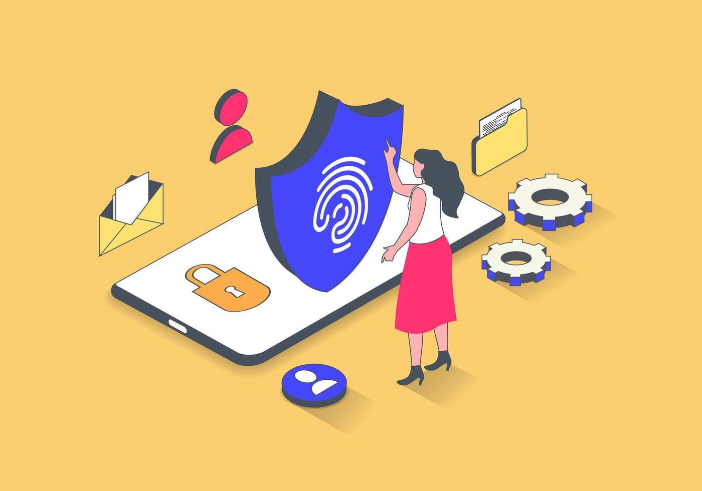 Cyber security concept in 3d isometric design. Woman scanning fingerprint for secure access and authentication, internet data protection. Vector illustration with isometry people scene for web graphic