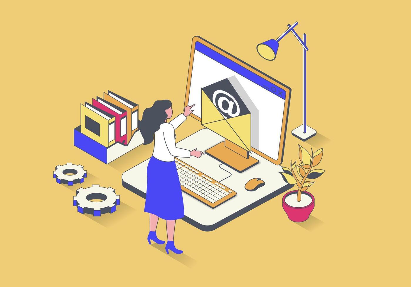 Business office concept in 3d isometric design. Woman making promo email mailing, doing paperwork and works on computer at workplace. Vector illustration with isometry people scene for web graphic