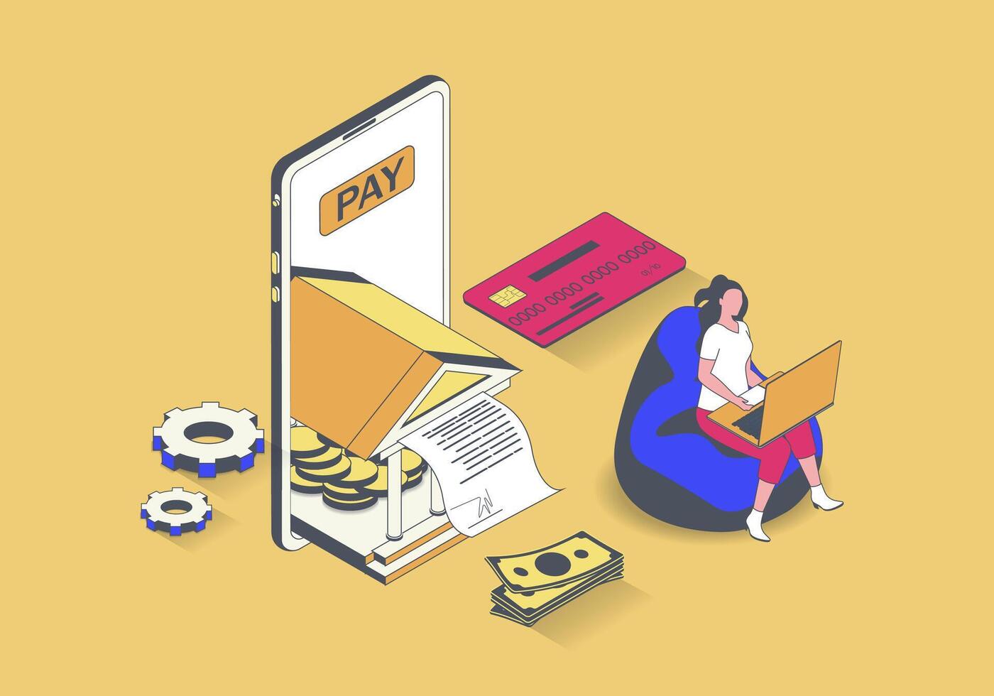 Online banking concept in 3d isometric design. Woman paying digital invoice, makes financial transactions and manages finances in app. Vector illustration with isometry people scene for web graphic