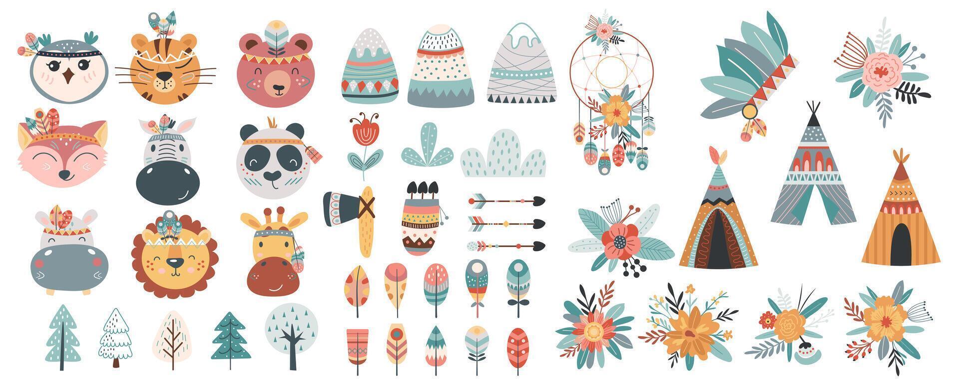 Cute American Indian mega set in cartoon graphic design. Bundle elements of animals heads in feather headdresses, mountains, plants, dream catcher, tribal wigwams. Vector illustration isolated objects