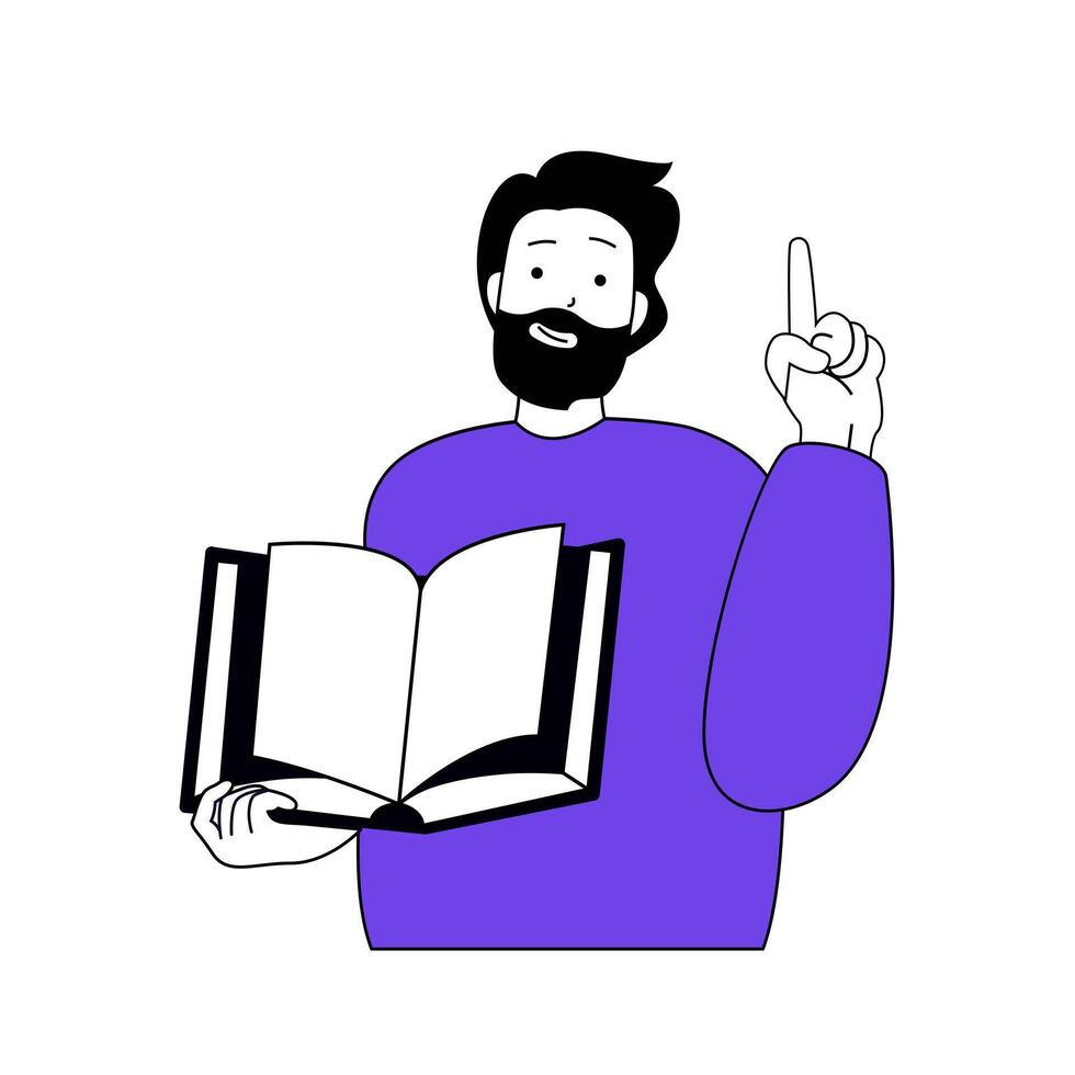 Book reading concept with cartoon people in flat design for web. Man holds open textbook at library, learning and getting knowledge. Vector illustration for social media banner, marketing material.