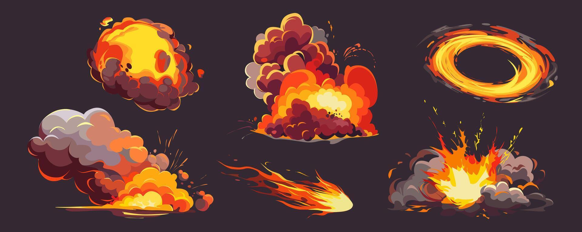 fuego juego efectos mega conjunto en dibujos animados gráfico diseño. haz elementos de diferente formas explosión, fuego con fumar nubes, bomba Estallar con chapoteo, circulo destello. vector ilustración aislado objetos