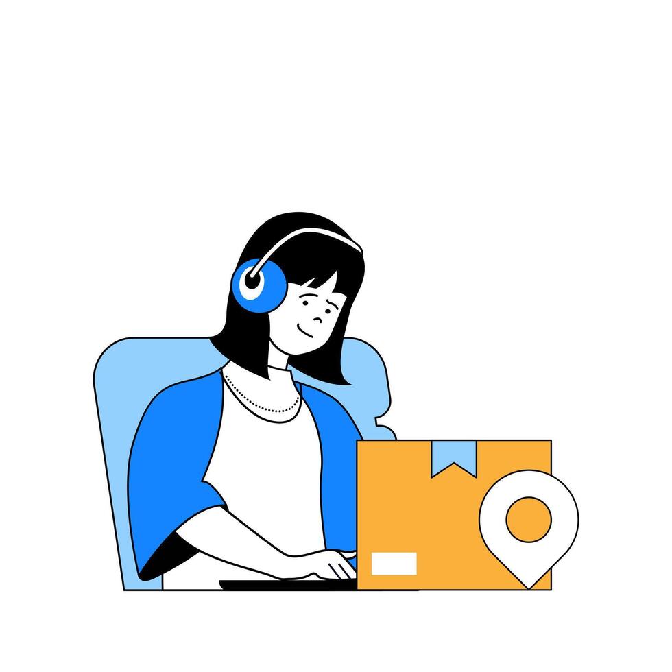 Delivery concept with cartoon people in flat design for web. Woman waiting parcel shipping and tracking package location with laptop. Vector illustration for social media banner, marketing material.