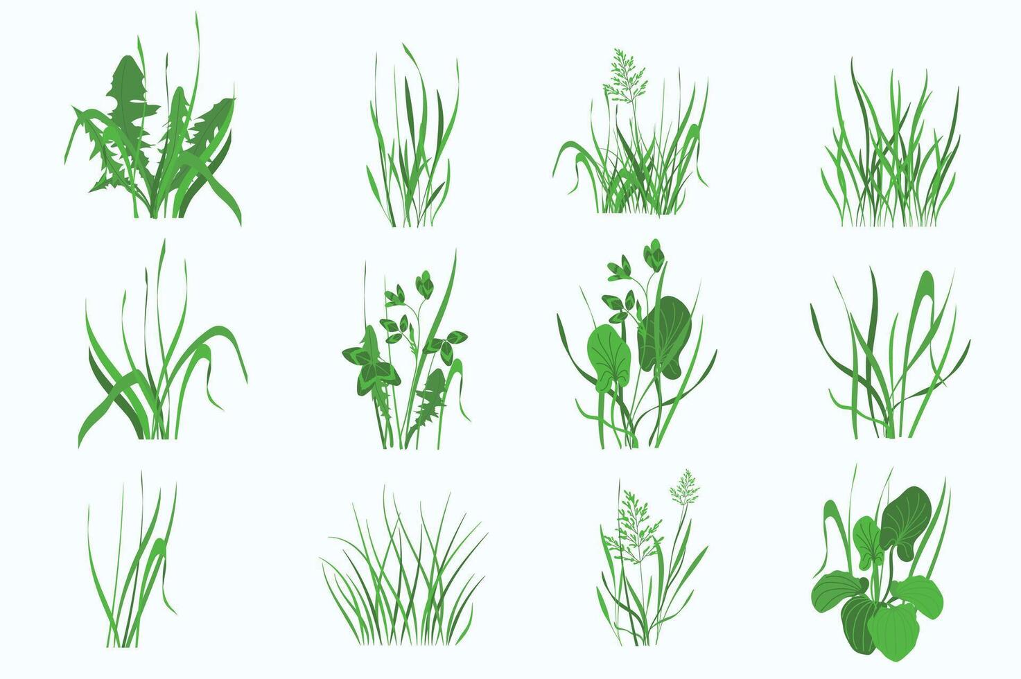 Green plants mega set in flat design. Bundle elements of outdoor greenery and meadow herbs and leaves of dandelions, cereals, chives, clovers, plantains. Vector illustration isolated graphic objects