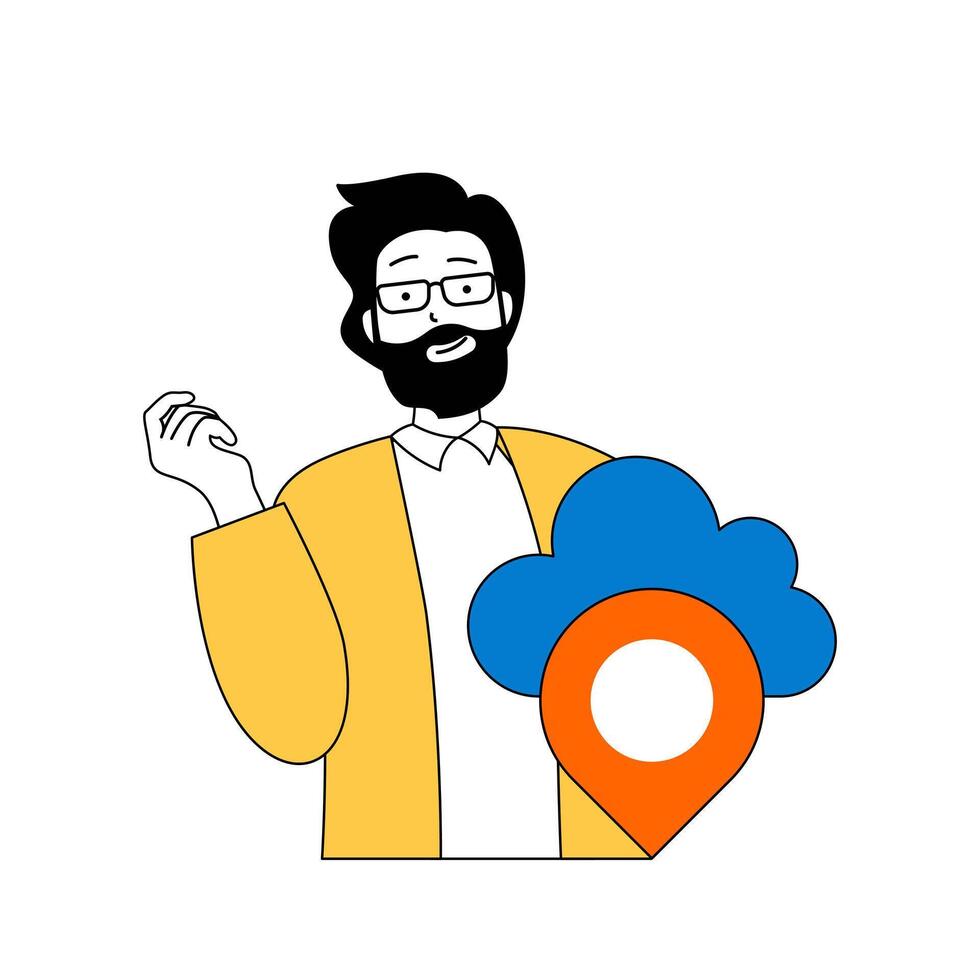 Cloud computing concept with cartoon people in flat design for web. Man sharing location pin using cloud technology infrastructure. Vector illustration for social media banner, marketing material.