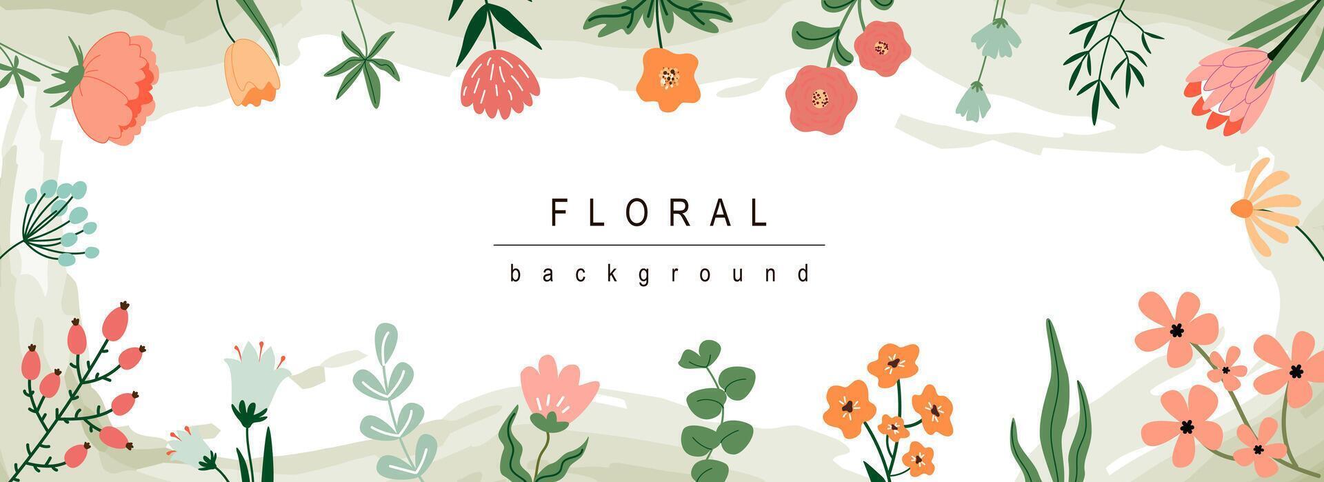 Floral horizontal web banner. Abstract summer blooming wildflowers and flowers, twigs with leaves borders on white background. Vector illustration for header website, cover templates in modern design