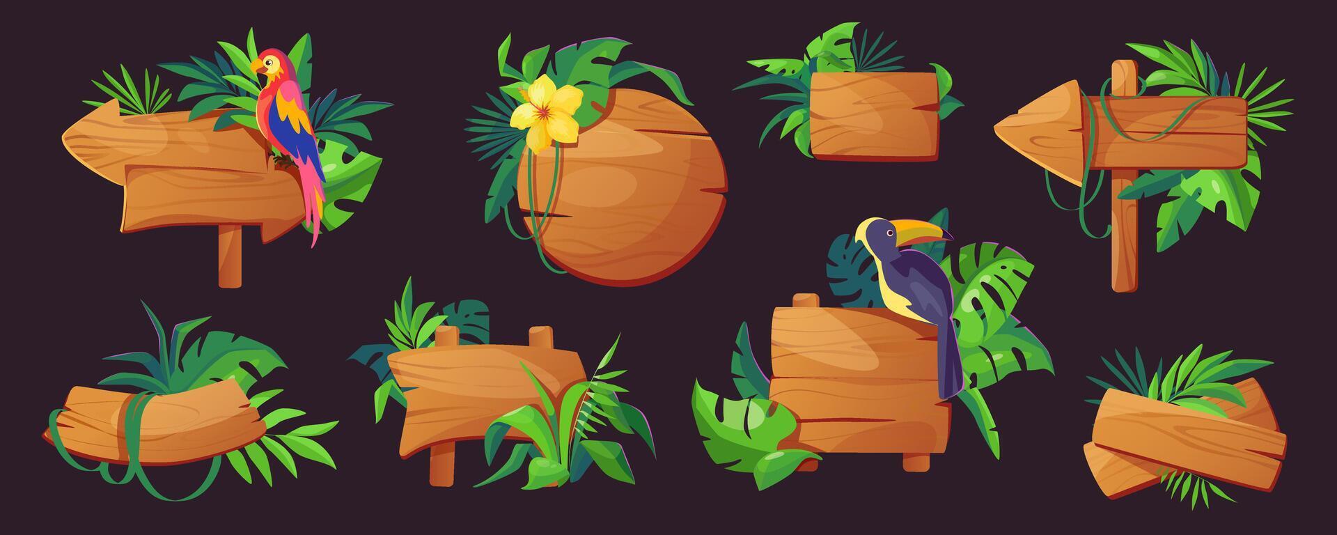 Jungle game sign boards mega set in cartoon graphic design. Bundle elements of different shapes of empty wooden signposts and pointers with leaves and parrots. Vector illustration isolated objects