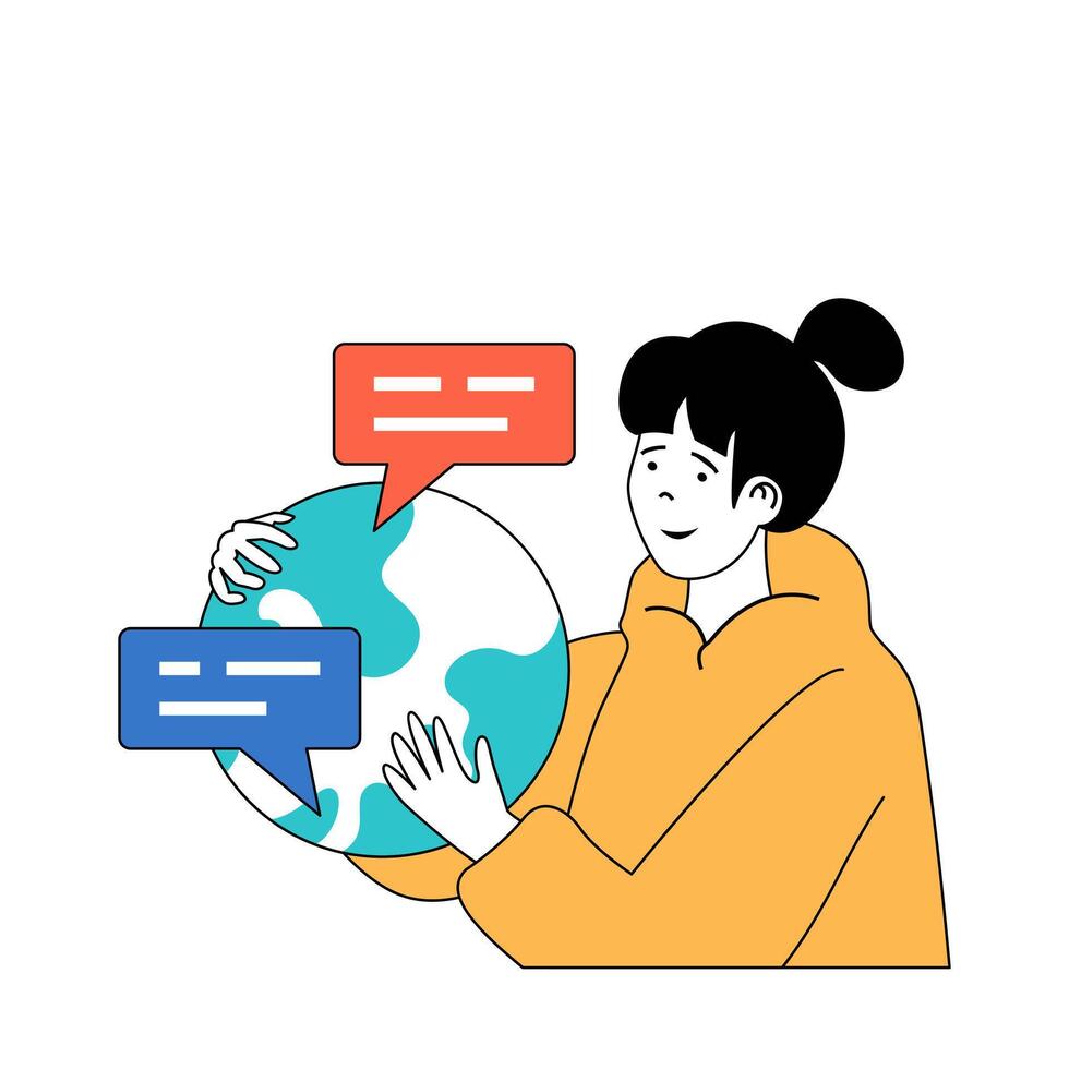 Social media concept with cartoon people in flat design for web. Woman sending and getting messages from distant friends online. Vector illustration for social media banner, marketing material.