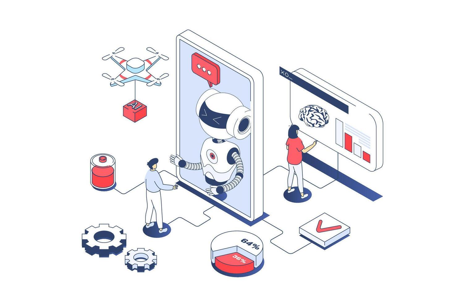 Artificial intelligence concept in 3d isometric design. Engineers working with ai robots, machine learning and programming digital brain. Vector illustration with isometry people scene for web graphic