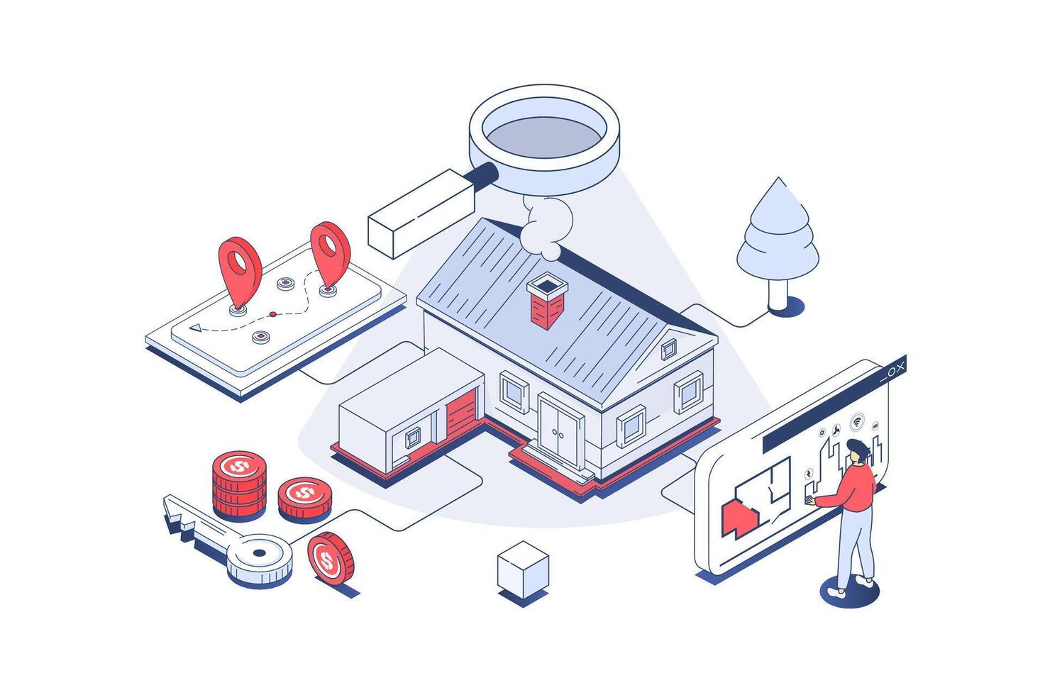 Real estate concept in 3d isometric design. Man researching architect blueprints, searching new home at housing market, buying property. Vector illustration with isometry people scene for web graphic