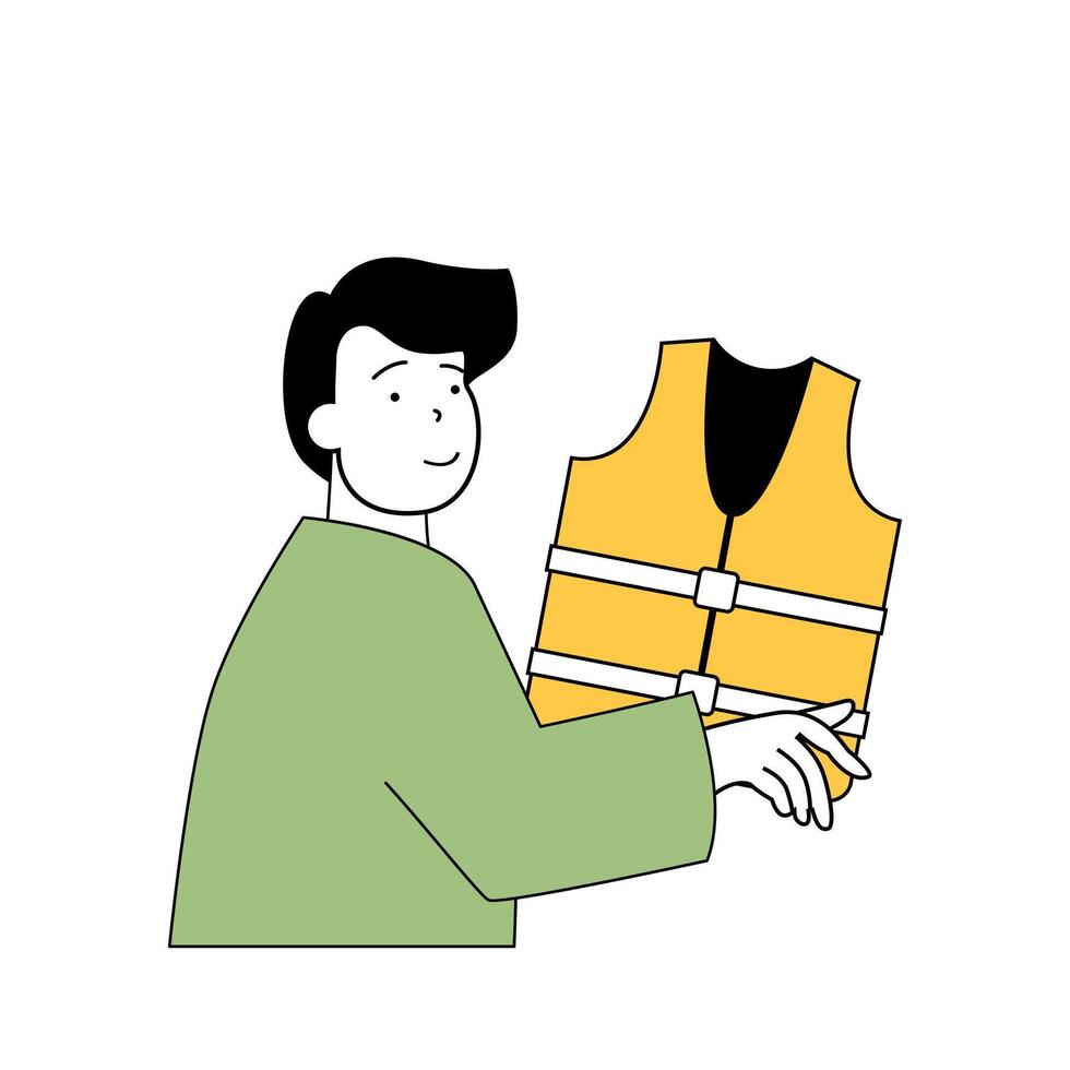 Insurance service concept with cartoon people in flat design for web. Insured man using life vest for health care and life protection. Vector illustration for social media banner, marketing material.