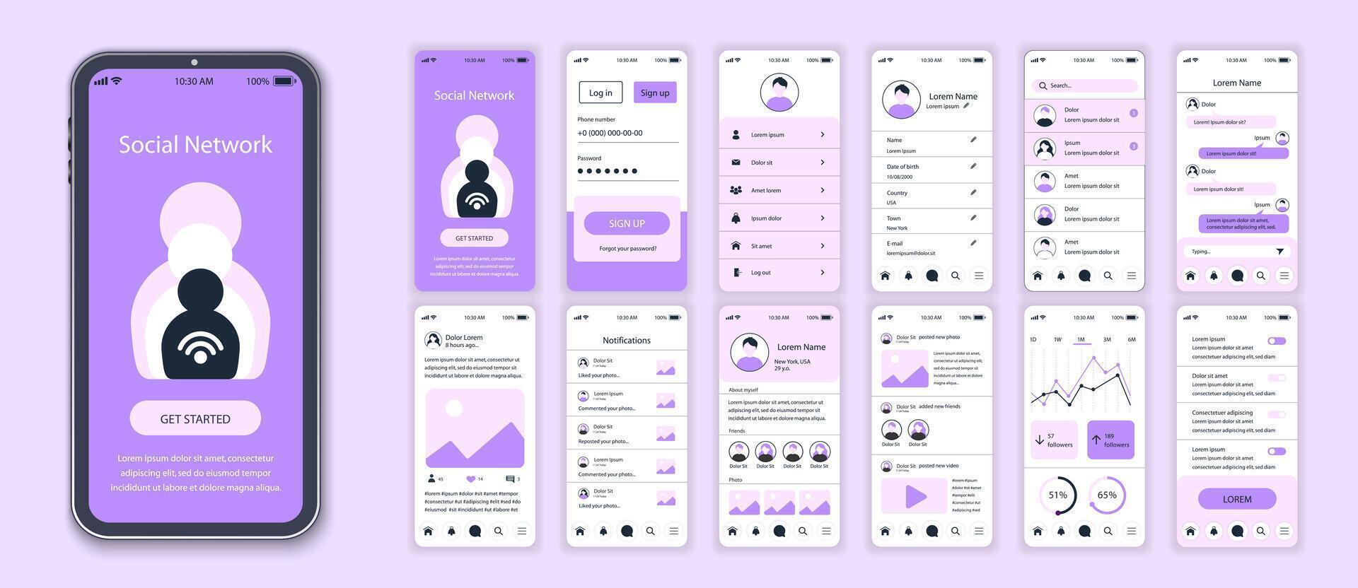 Social network mobile app interface screens template set. Account login, friends list, messages in chat, settings profile, statistic. Pack of UI, UX, GUI kit for application web layout. Vector design.