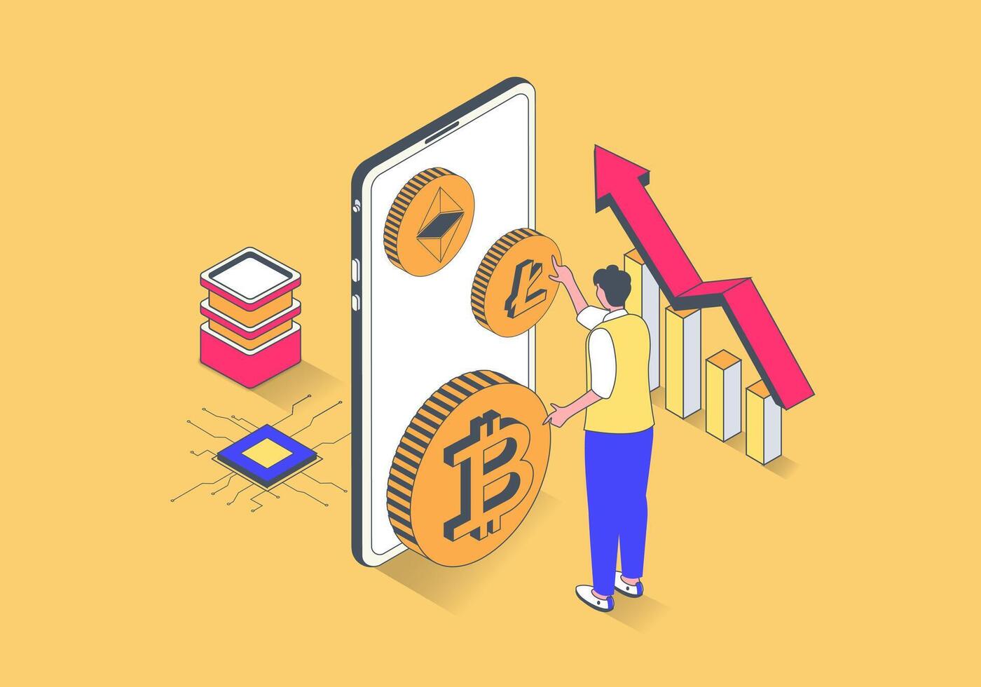 Cryptocurrency concept in 3d isometric design. Man buying crypto coins, investing money in bitcoins, increases income at profit graph. Vector illustration with isometry people scene for web graphic