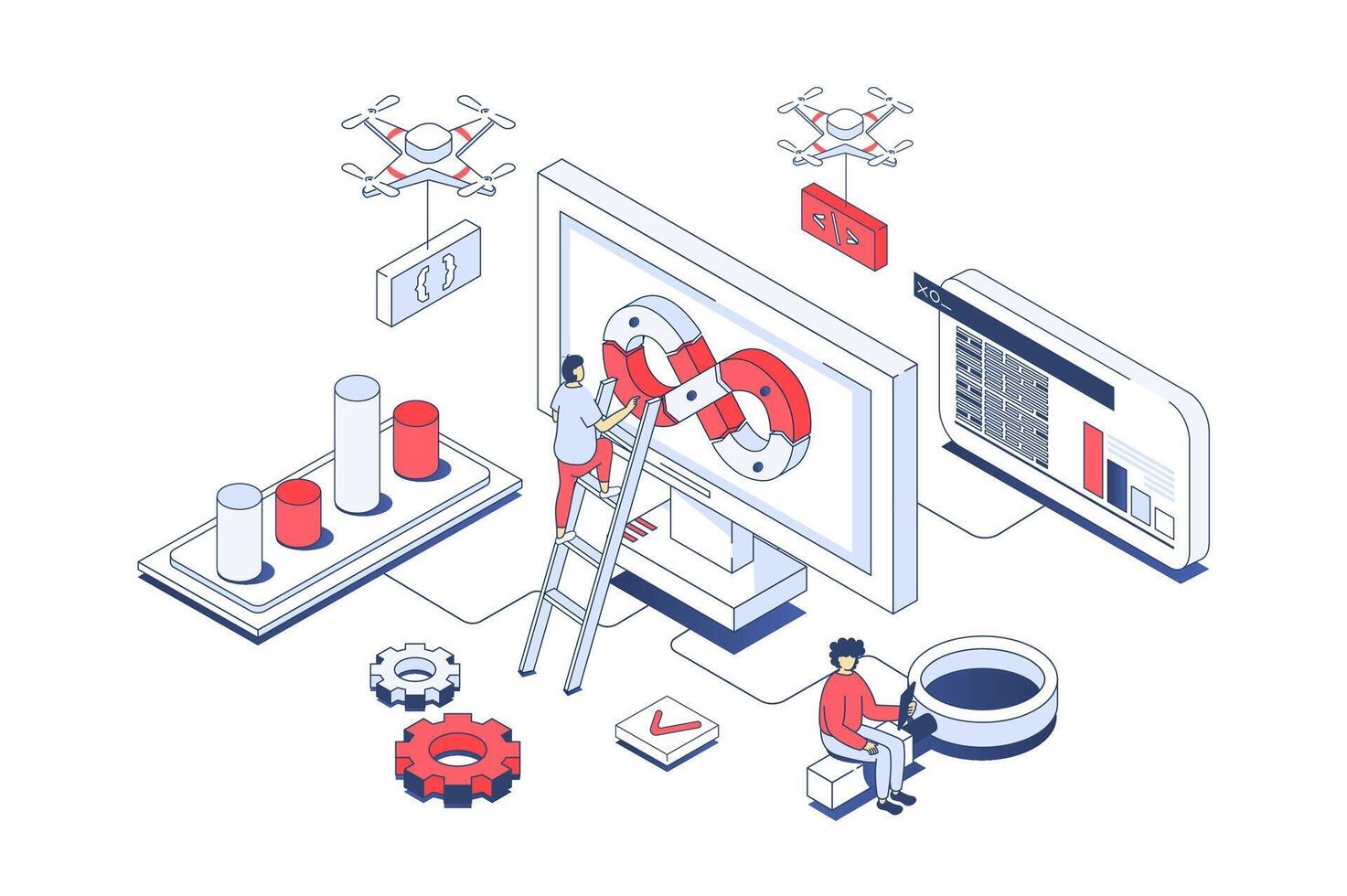 DevOps concept in 3d isometric design. Developer team working in agile processes and programming automations for creating products. Vector illustration with isometry people scene for web graphic