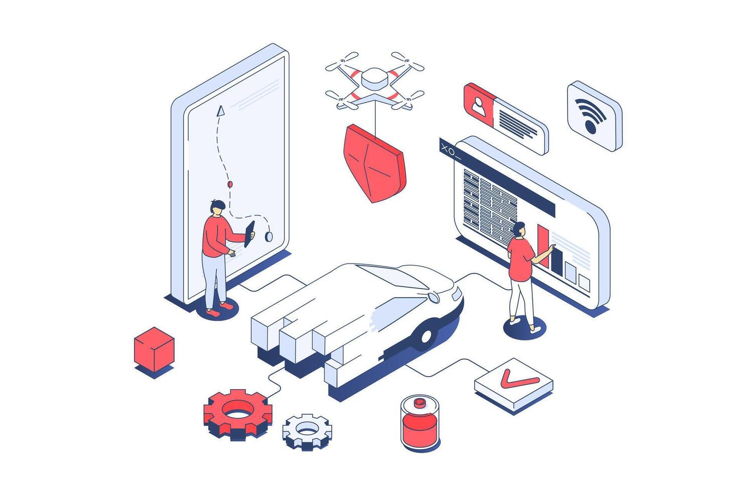 Smart car concept in 3d isometric design. Men managing electric car at mobile phone app, creating routes in online navigation map. Vector illustration with isometry people scene for web graphic