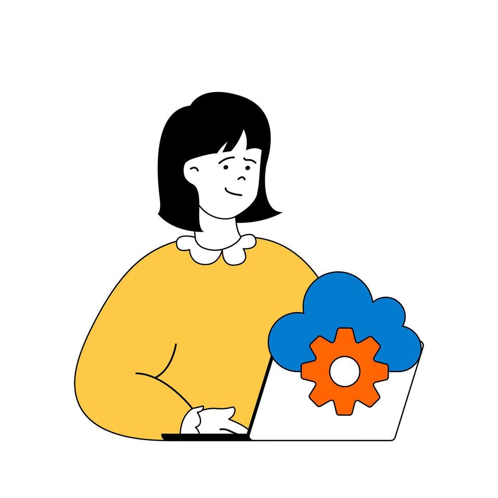 Cloud computing concept with cartoon people in flat design for web. Woman working with online documents, makes settings for backup. Vector illustration for social media banner, marketing material.