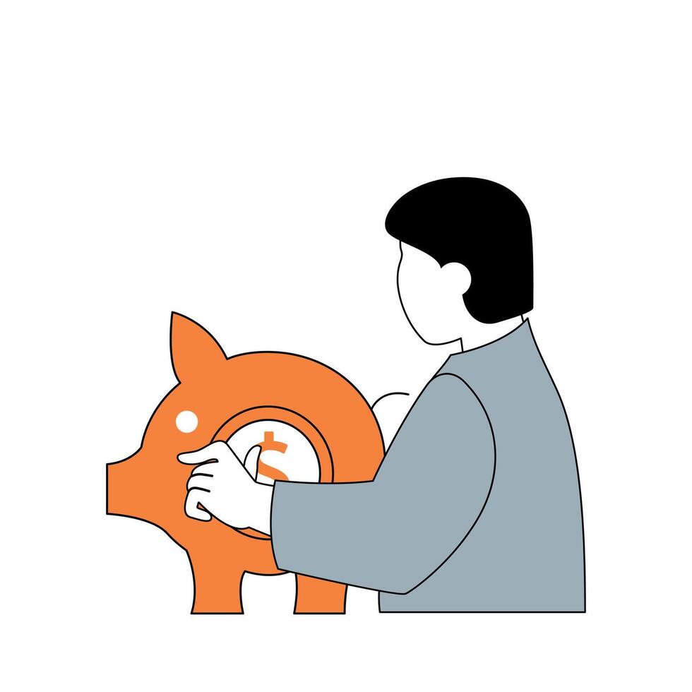 Business and finance concept with cartoon people in flat design for web. Businessman saving money in piggy bank for investments. Vector illustration for social media banner, marketing material.