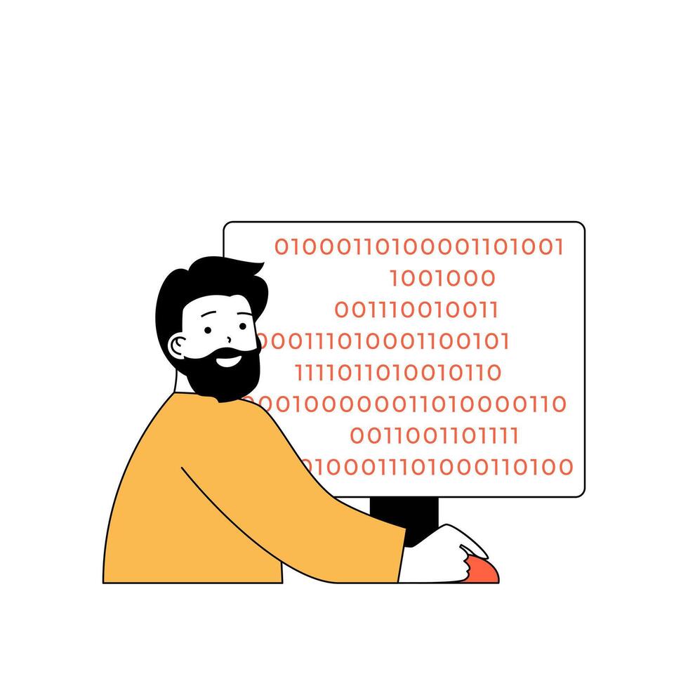 Programming concept with cartoon people in flat design for web. Man creating product code, searching and fixing bugs before release. Vector illustration for social media banner, marketing material.