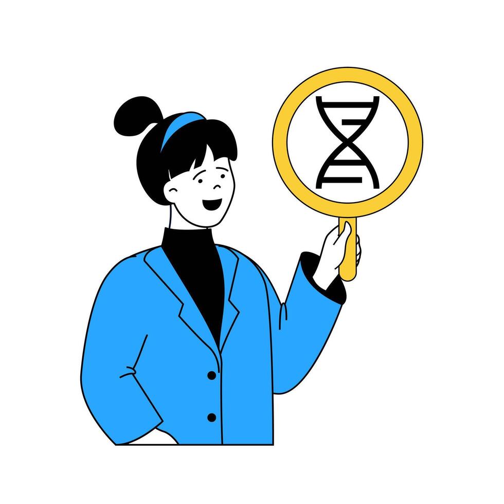 Science laboratory concept with cartoon people in flat design for web. Scientist with magnifier makes genetic research of dna molecule. Vector illustration for social media banner, marketing material.