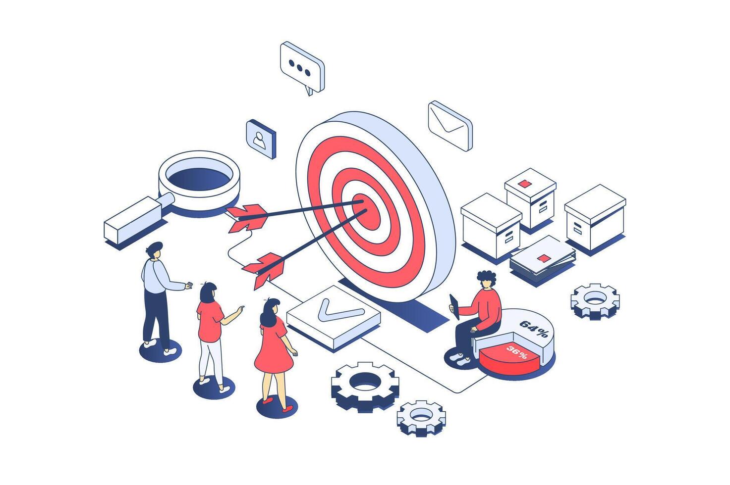 Target audience concept in 3d isometric design. Business team studying customer focus group, creating advertising for attract clients. Vector illustration with isometry people scene for web graphic