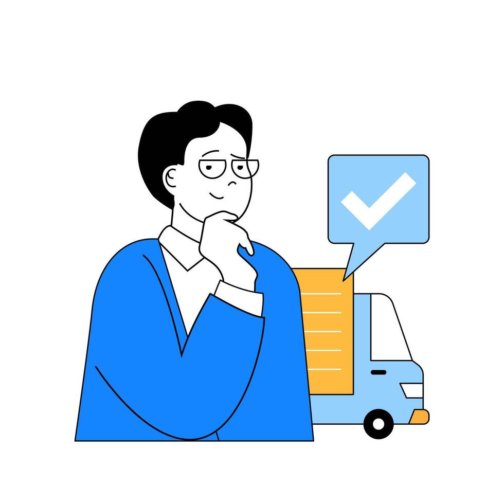 Delivery concept with cartoon people in flat design for web. Man manages cargo transportation in post company and storage at warehouse. Vector illustration for social media banner, marketing material.