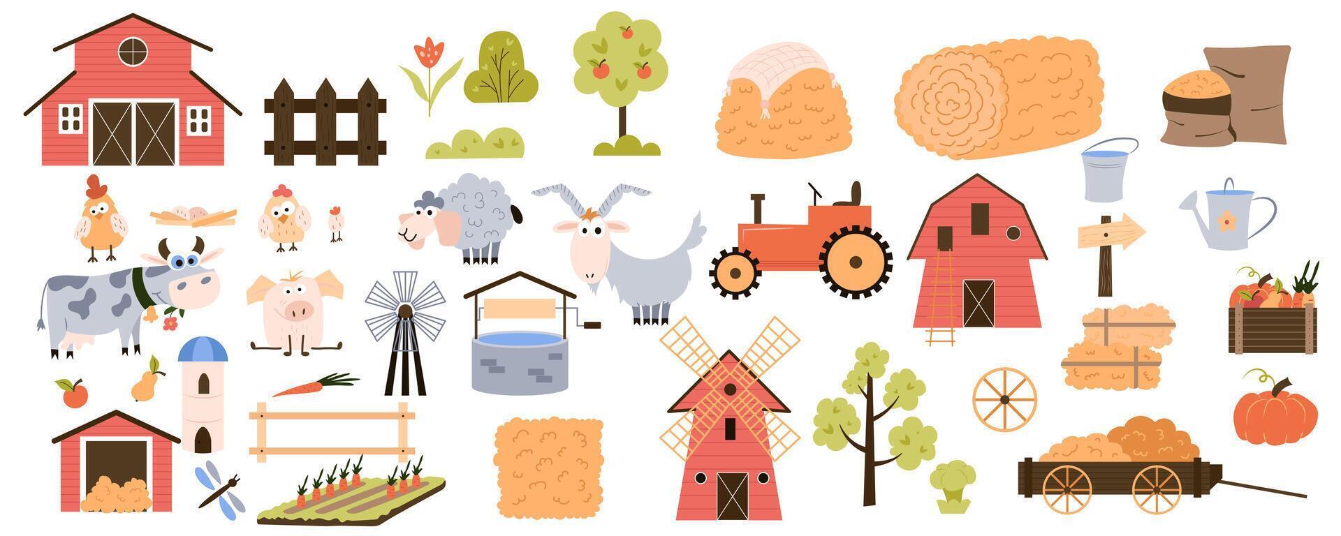 Cute farming mega set in cartoon graphic design. Bundle elements of livestock, poultry, gardening crop, trees, mill, tractor, barn, haystack, vegetables, fruits. Vector illustration isolated objects