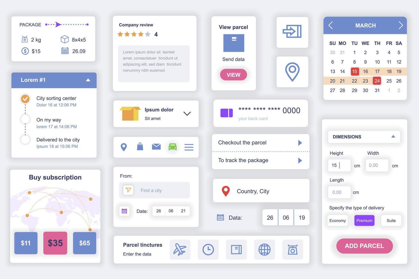 User interface elements set for delivery mobile app. Kit template with HUD diagrams, package information, map tracking, calculator, calendar, review. Pack of UI, UX, GUI screens. Vector components.