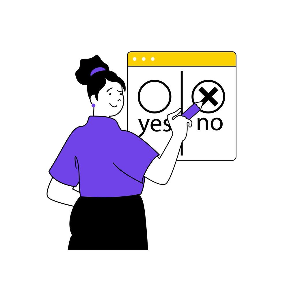 Online voting concept with cartoon people in flat design for web. Woman takes part in election, making decision with tick in vote form. Vector illustration for social media banner, marketing material.