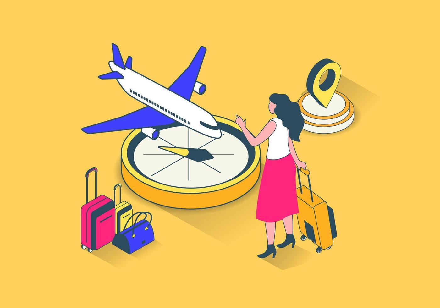 Travel vacation concept in 3d isometric design. Woman with suitcase planning weekend, booking airlines ticket and flying to resort tour. Vector illustration with isometry people scene for web graphic